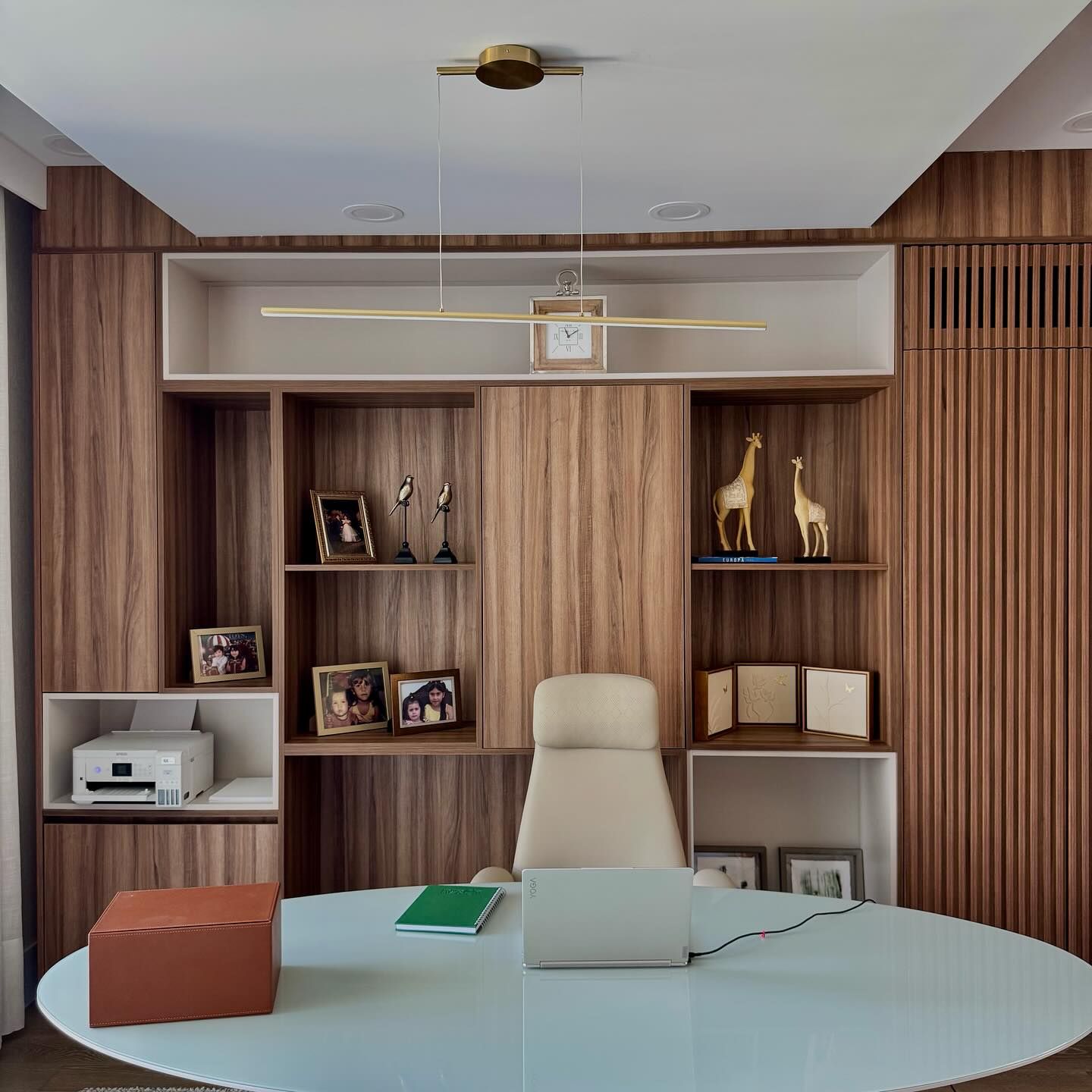 Walnut home office built-in with open shelving